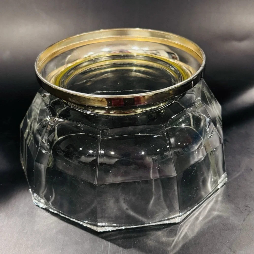 Vintage MCM Faceted Thick Italian Glass Centerpiece Bowl w Brass‎ Tone Metal Rim